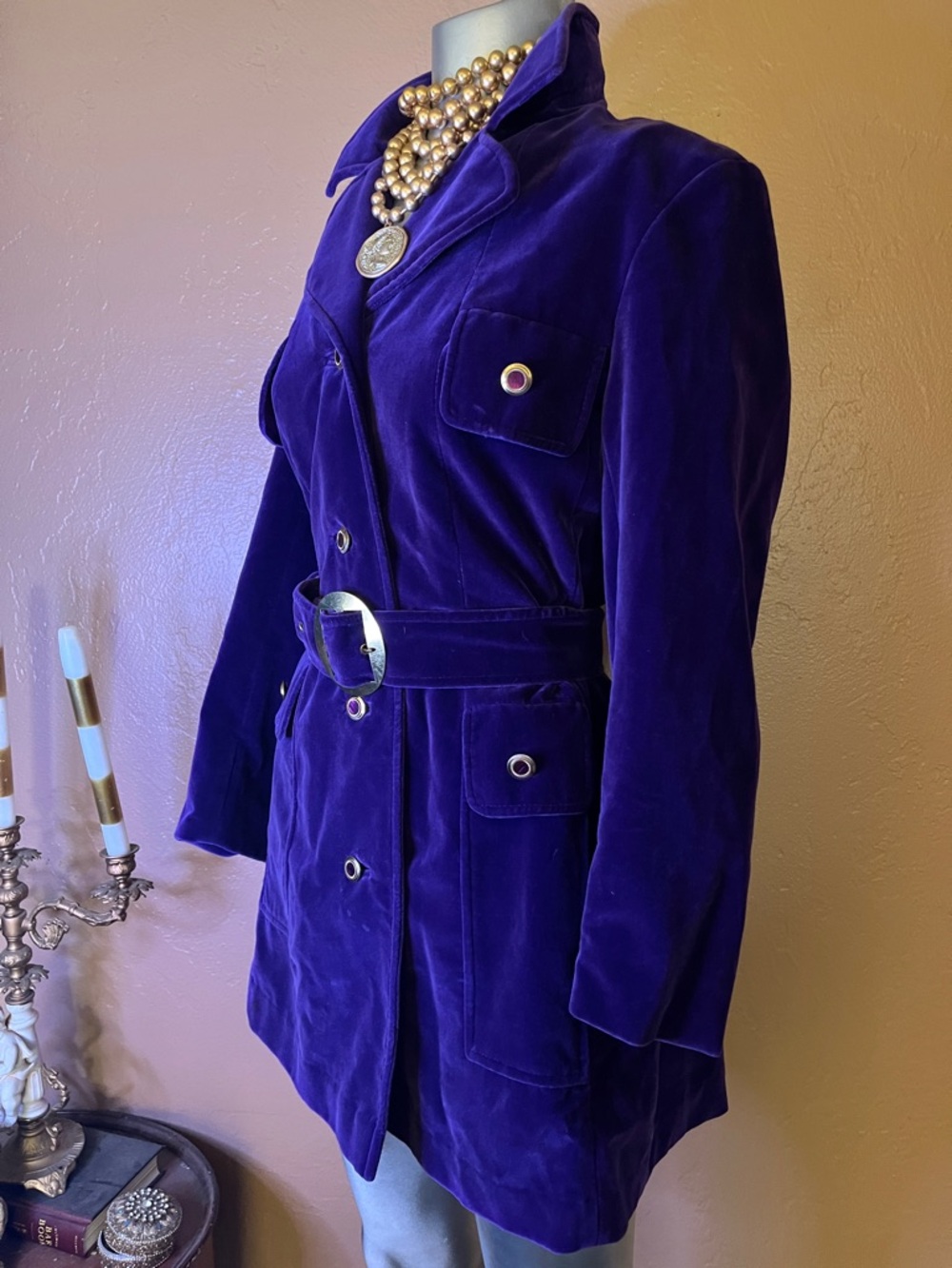 Vintage Rare 1960’s Purple Velvet Belted Pea Coat with Statement Buckle. Sz M - Picture 3 of 6